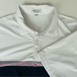 Peter Millar Mens Summer Comfort Polo White & Navy ColorBlock Golf Shirt Size XL